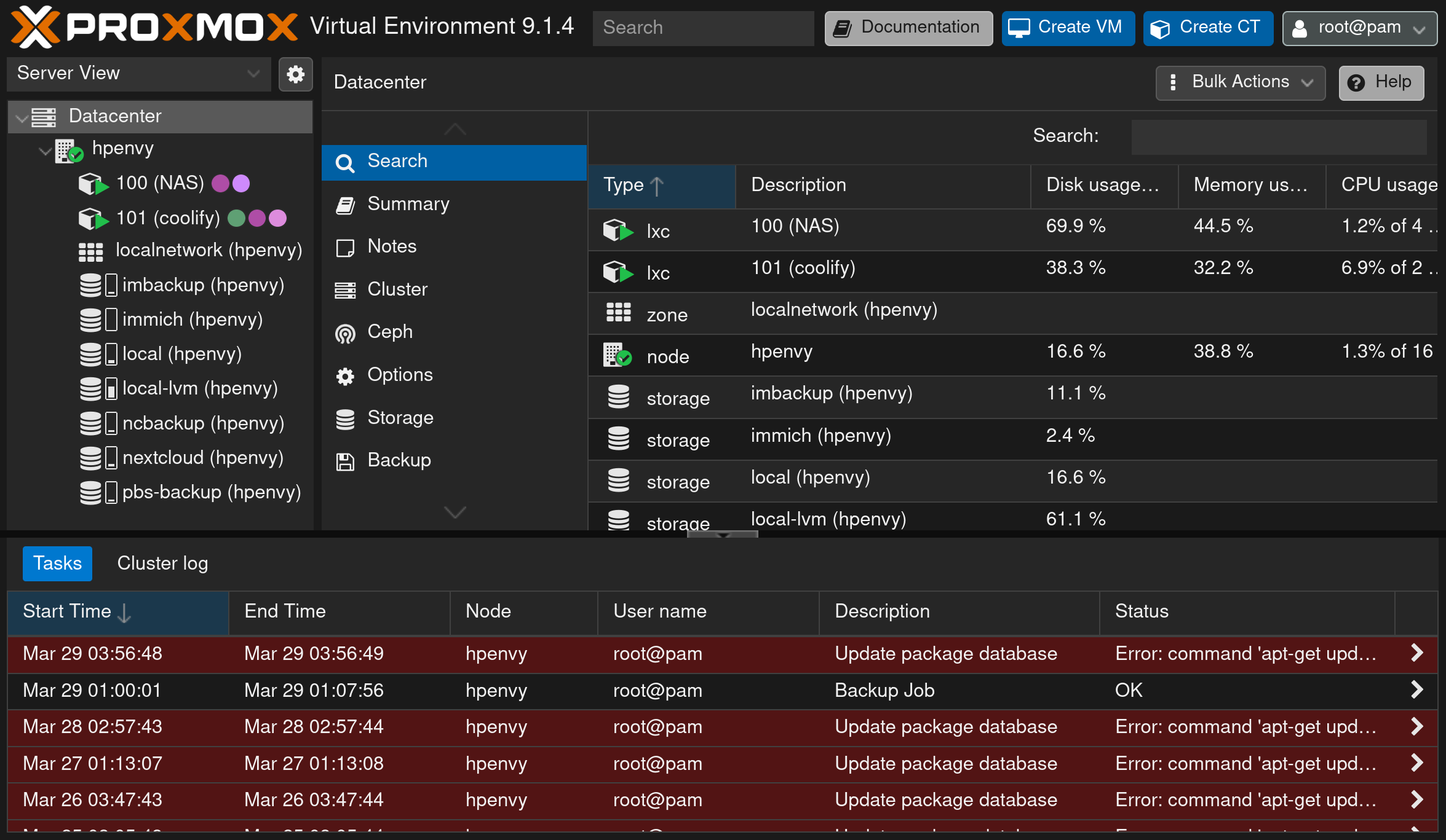 Proxmox Homelab screenshot